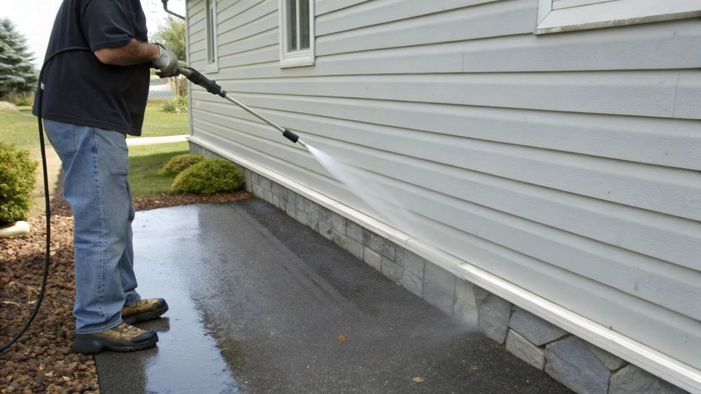 Illustration of a gas power washer cleaning aluminum siding and a driveway, representing a guide to choosing the right model