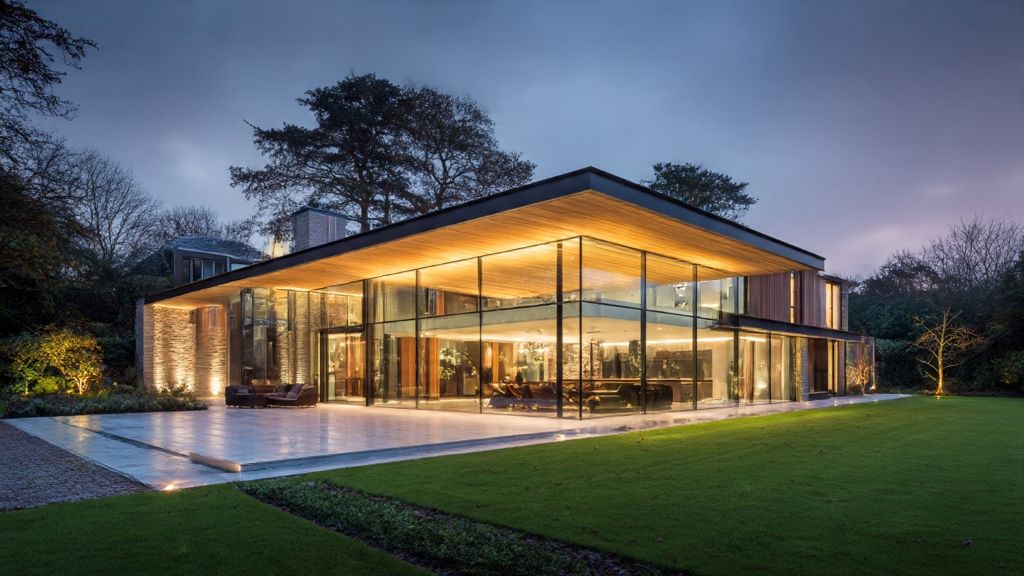Modern floating roof architecture with continuous glass band creating hovering effect above contemporary home