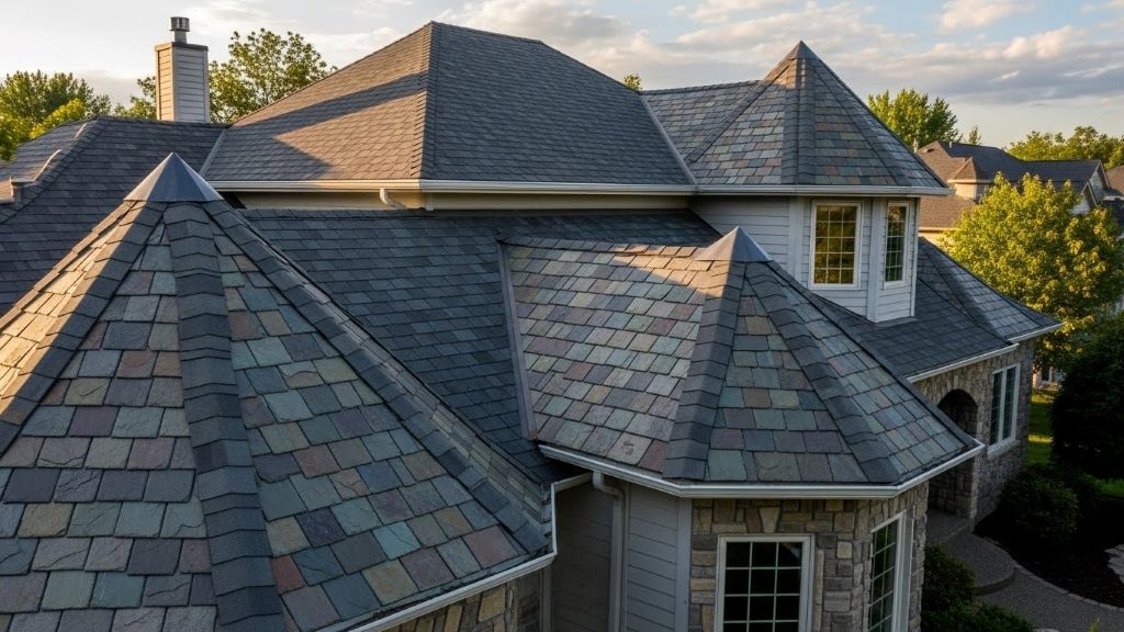 Mixed roofing materials on residential home showing combination of asphalt shingles and slate tiles
