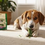 Happy dog chewing a green dental treat safely