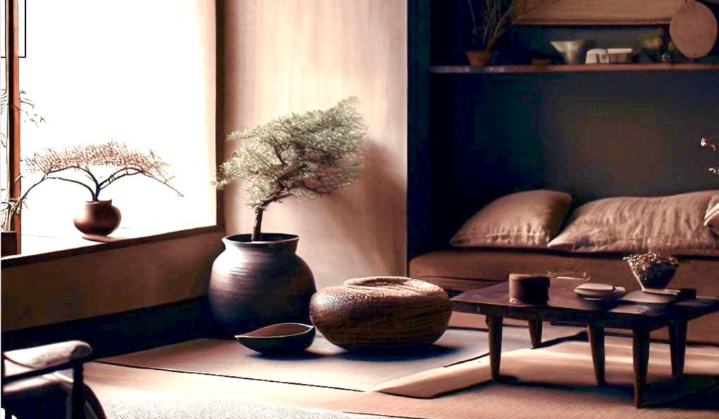 Handcrafted ceramic pottery and worn wooden furniture pieces arranged on neutral linen fabric demonstrating wabi sabi home decor principles