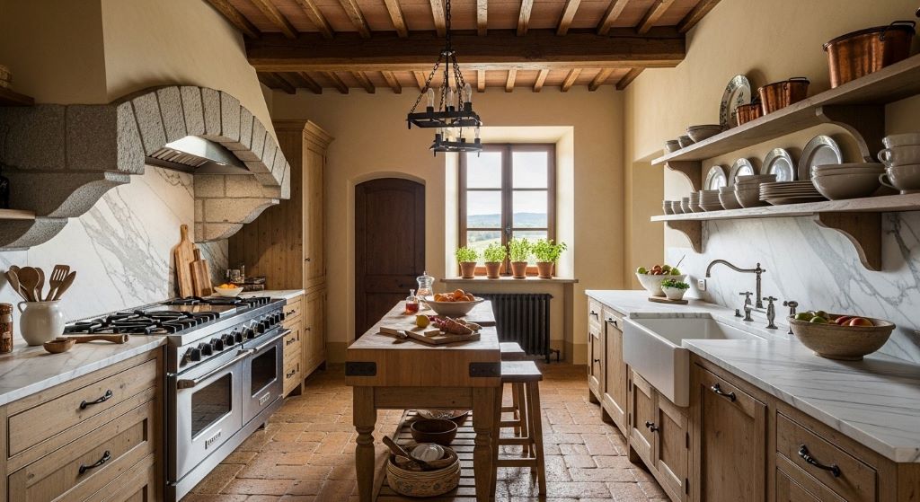 Tuscan kitchen with exposed wood beams, stone archway range hood, and marble countertops blending rustic and refined design elements