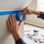 A person applying blue painter's tape along a wall edge to create a sharp paint line for a DIY wall painting project.