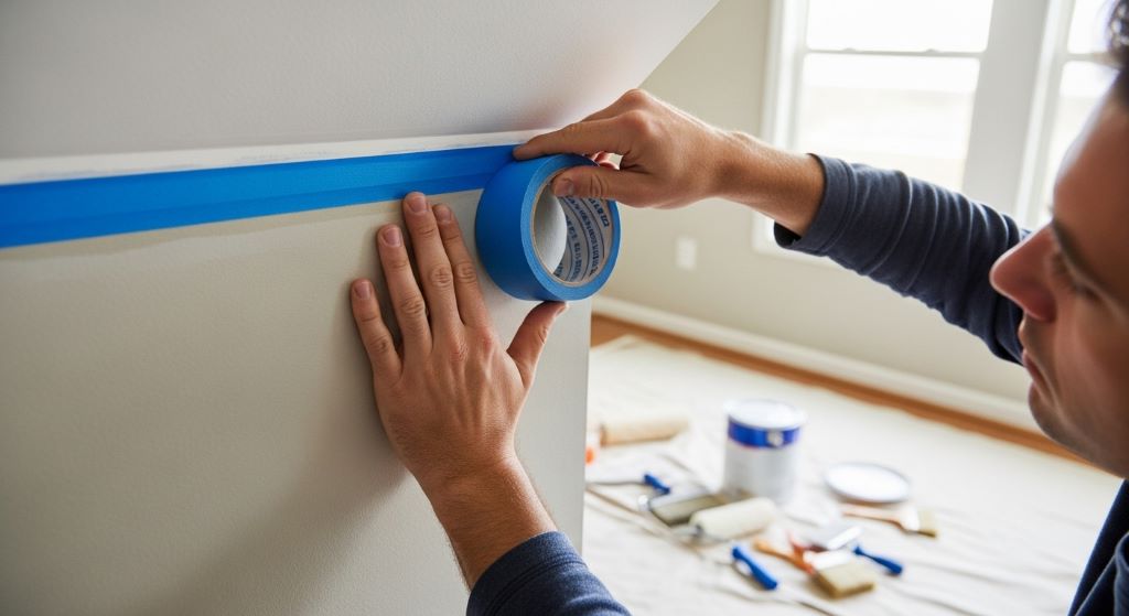 A person applying blue painter's tape along a wall edge to create a sharp paint line for a DIY wall painting project.