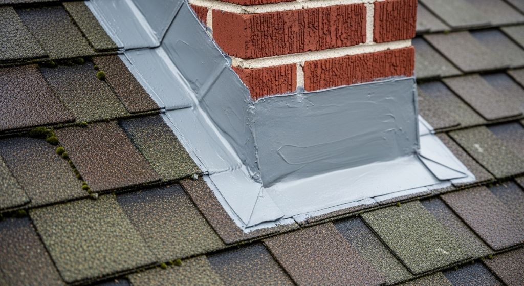 A close-up view of a completed home roof fix showing freshly applied sealant around a chimney flashing on a weathered shingle roof, demonstrating proper waterproofing technique
