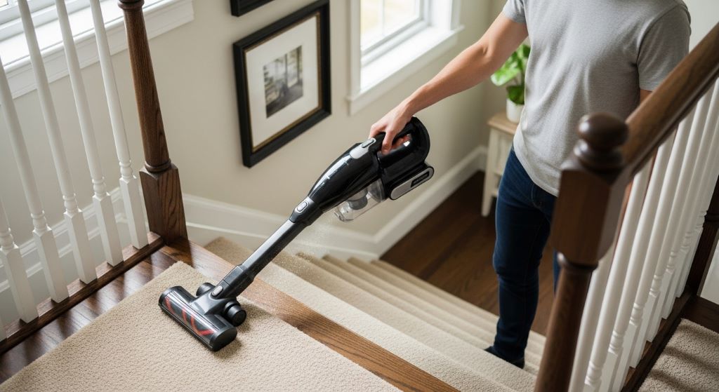 A person using a cordless handheld vacuum cleaner to clean the carpeted treads and edges of an indoor staircase