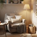 small apartment cozy reading nook with floor cushion and lamp