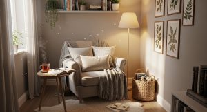 small apartment cozy reading nook with floor cushion and lamp