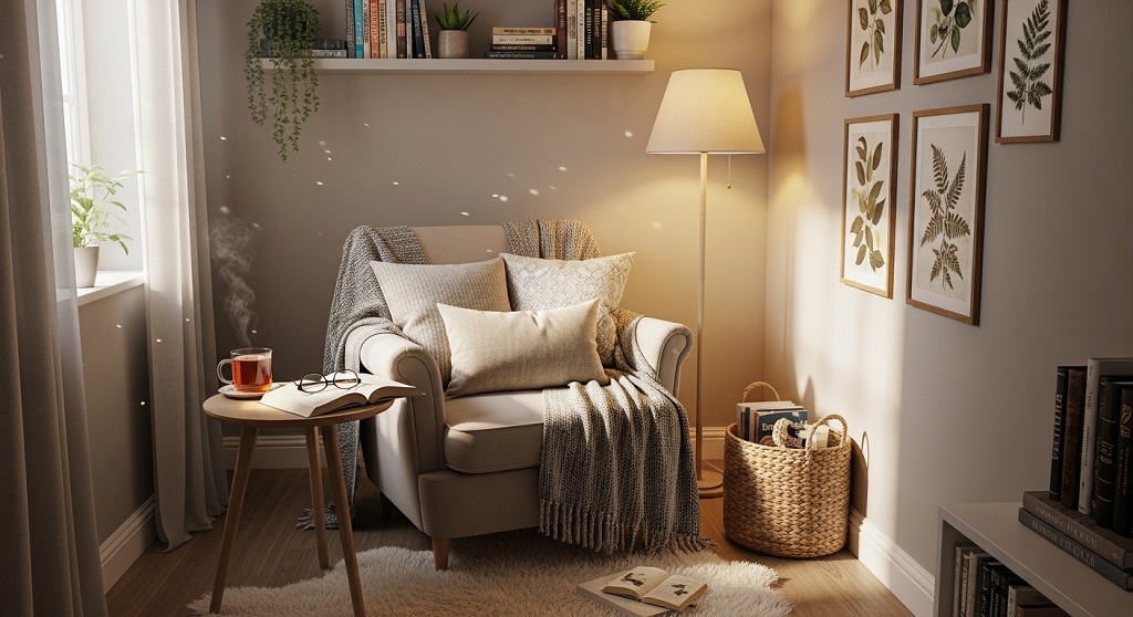 small apartment cozy reading nook with floor cushion and lamp