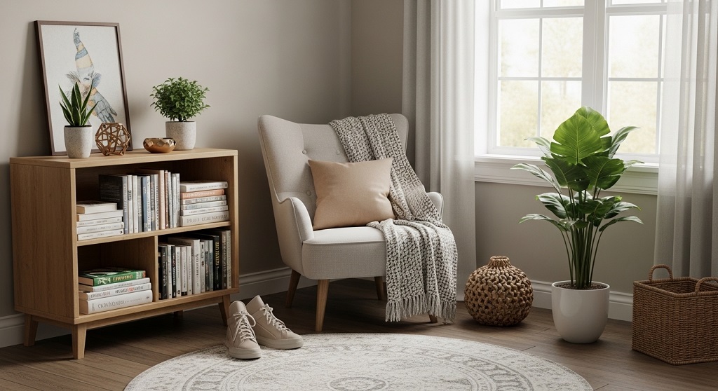 window corner reading nook with armchair and bookshelf
