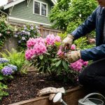 A vibrant Portland home flower garden with blooming roses and lavender in summer sunlight
