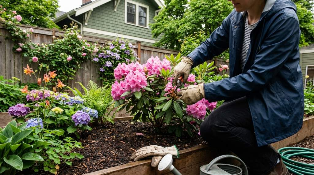 A vibrant Portland home flower garden with blooming roses and lavender in summer sunlight