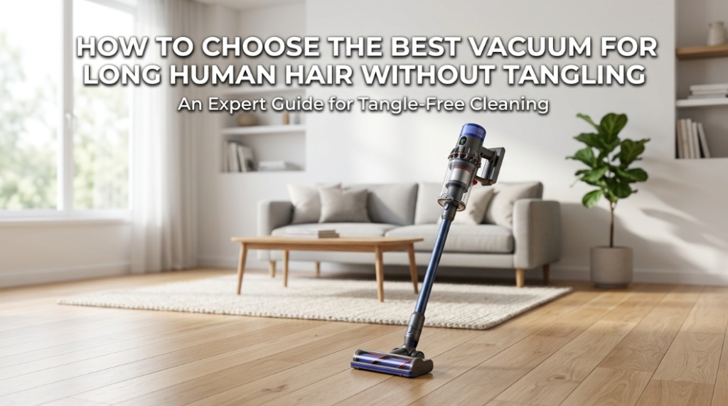 A sleek vacuum cleaner on a hardwood floor in a bright living room with a title overlay about choosing a vacuum.