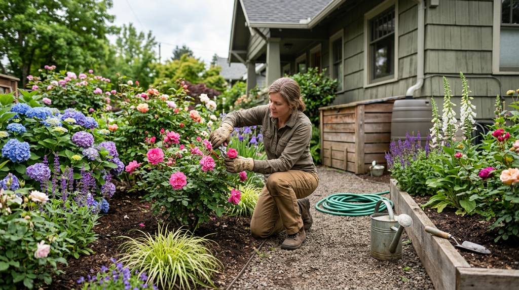 Container flower garden with petunias and geraniums on a small patio in Portland