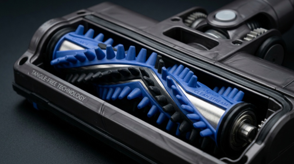 Close-up of a clean, tangle-free vacuum brush roll with specialized rubber fins to prevent hair wrap.