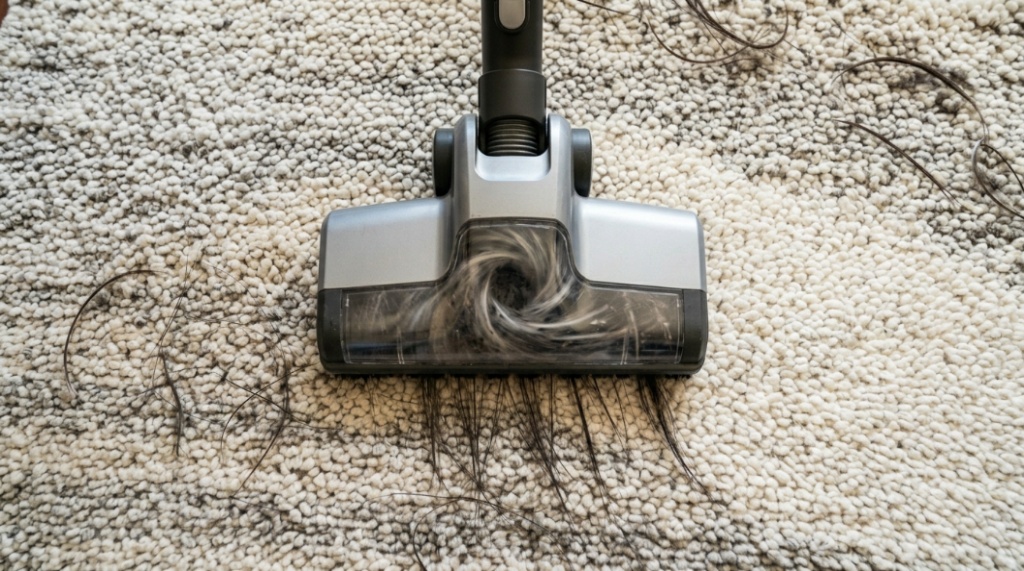 A vacuum cleaner head suctioning long hair strands from a grey plush rug in a modern home.