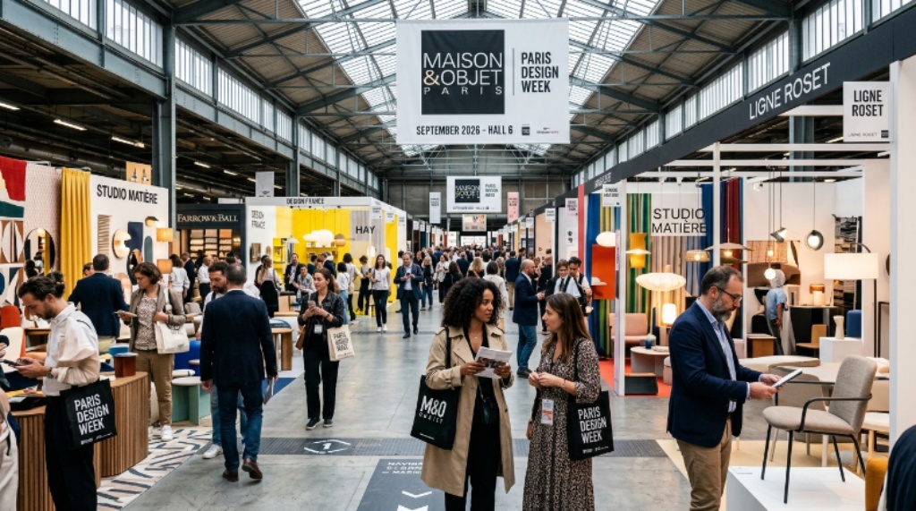 Designers and visitors exploring the Paris Design Week exhibition halls at Maison&Objet Villepinte in September 2026