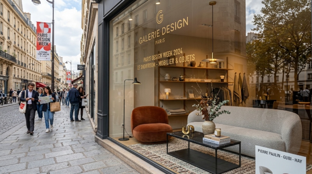 A curated showroom window display on a Paris street during Paris Design Week, featuring contemporary furniture and decorative objects