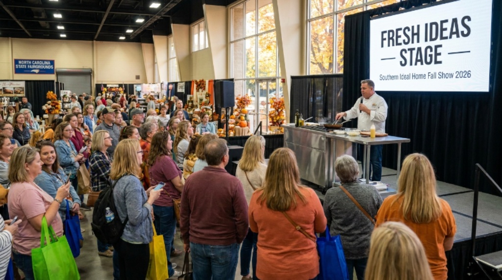 Visitors attending a live expert demonstration on the Fresh Ideas Stage at the Southern Ideal Home Fall Show 2026 at the North Carolina State Fairgrounds in Raleigh, NC