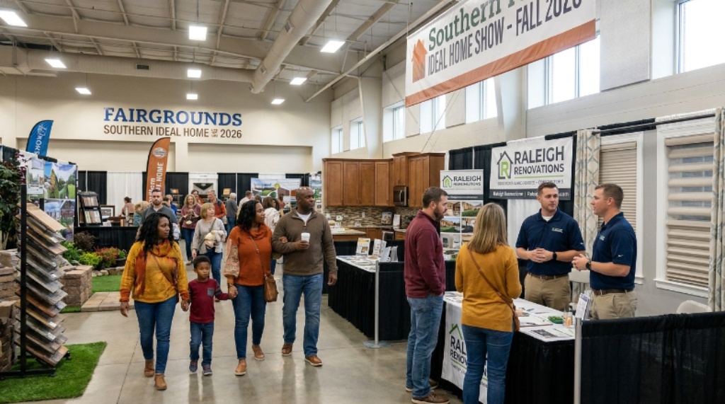 Families and homeowners browsing home improvement exhibits and talking to local contractors at the Fairgrounds Southern Ideal Home Fall Show 2026 inside the Exposition Center in Raleigh, North Carolina