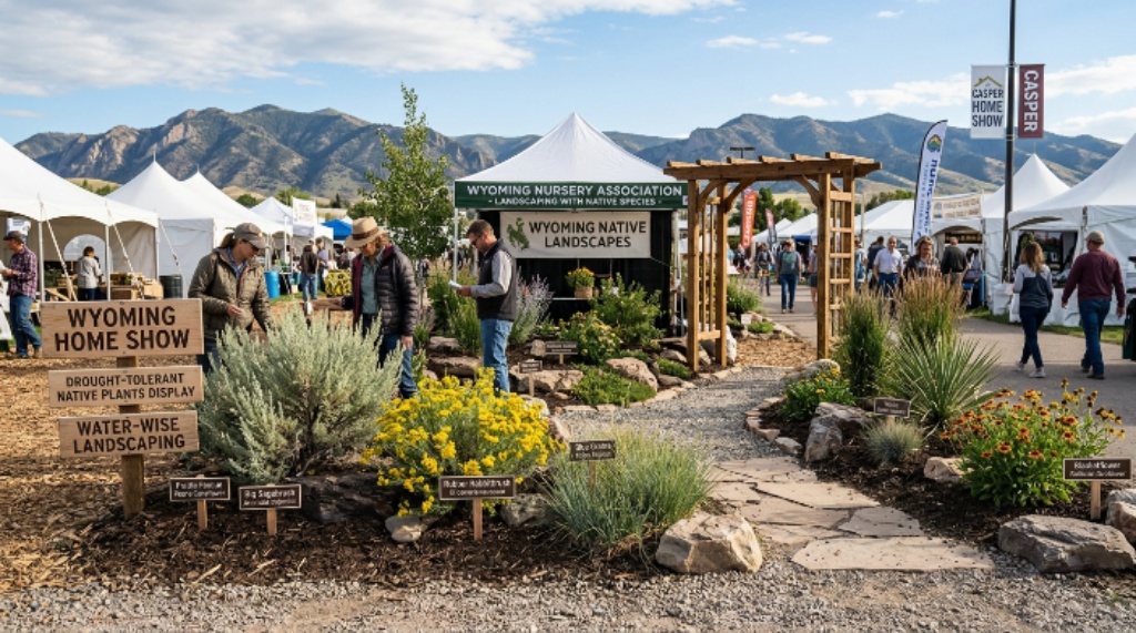 Outdoor landscaping display with drought-tolerant native plants at a Wyoming home show