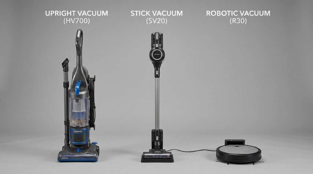 A golden retriever sitting on a wooden floor next to a pet hair vacuum.