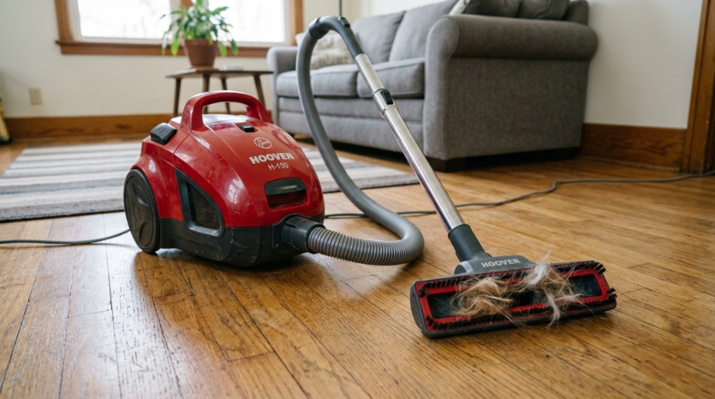 Budget canister vacuum cleaning pet hair off hardwood floor.