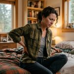 A person sitting on a bed in a Washington home holding their aching lower back.