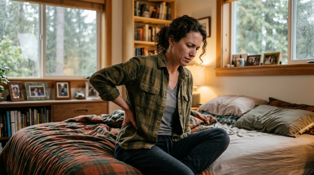 A person sitting on a bed in a Washington home holding their aching lower back.