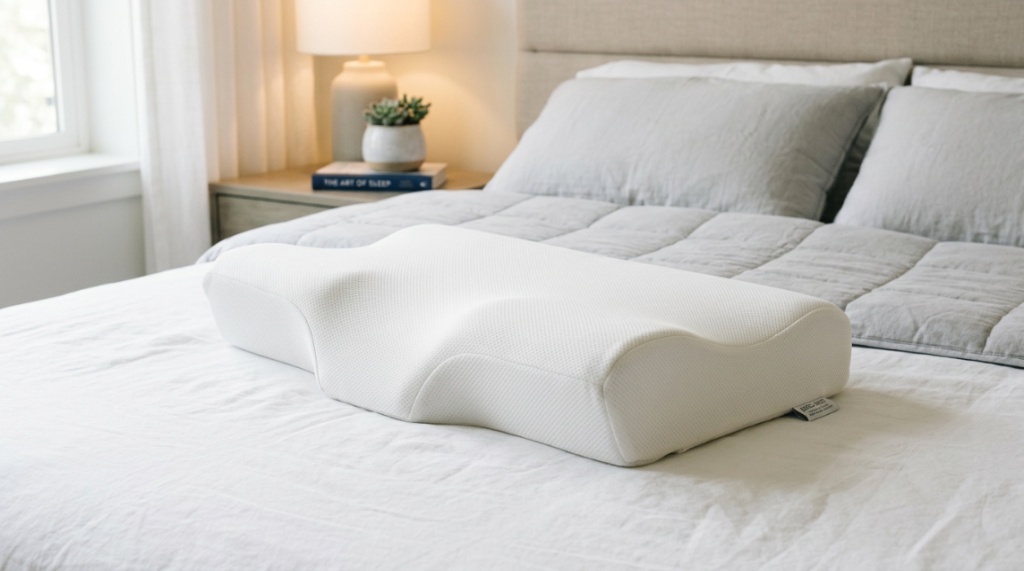 A person sleeping on their back with perfect spine alignment using a supportive pillow.