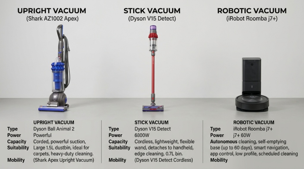 Three different types of vacuum cleaners displayed side by side.