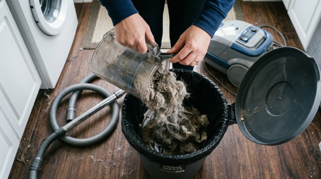 Person using canister vacuum upholstery tool removing pet hair from sofa.
