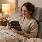 Person relaxing in bed propped up on an adjustable foam wedge pillow.