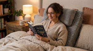 Person relaxing in bed propped up on an adjustable foam wedge pillow.