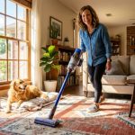 Person vacuuming pet hair off a living room rug in a Texas home.