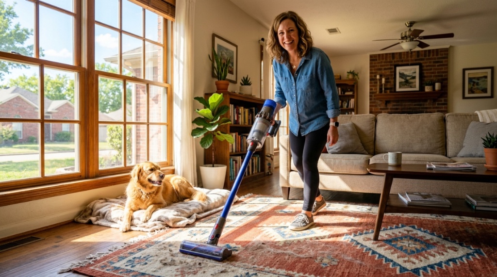 Person vacuuming pet hair off a living room rug in a Texas home.