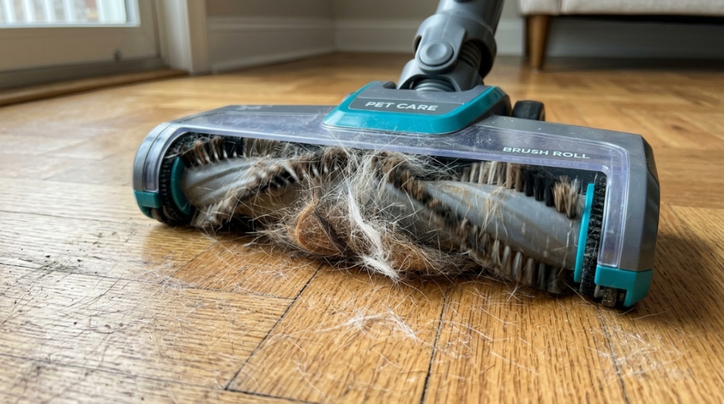 Vacuum cleaner brush roll picking up pet hair from hardwood floors.