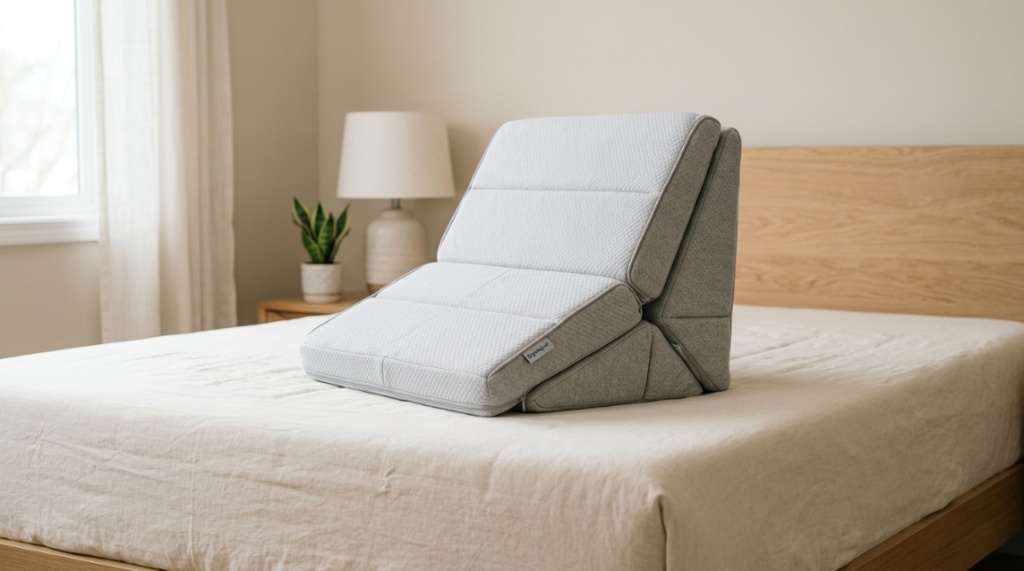 Multi-fold orthopedic wedge pillow configured in an upright sitting position.