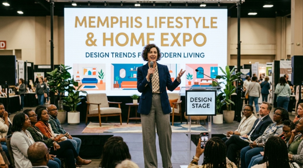 Interior designer presenting at the Design Stage during the Memphis lifestyle and home expo