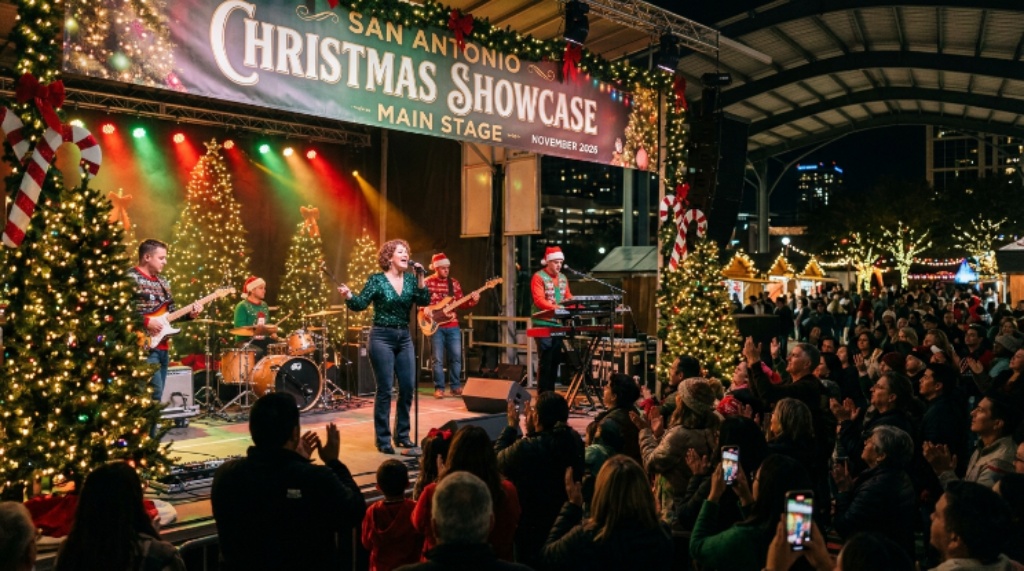 Live holiday music performance on the main stage at the San Antonio Christmas Showcase November 2026