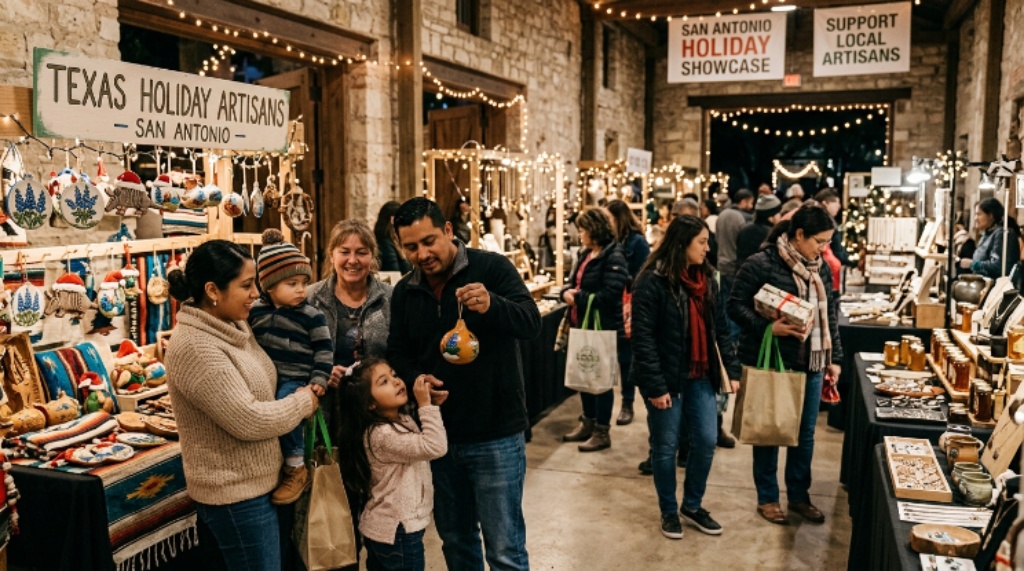Families browsing artisan products and seasonal decorations at a holiday shopping showcase in San Antonio Texas