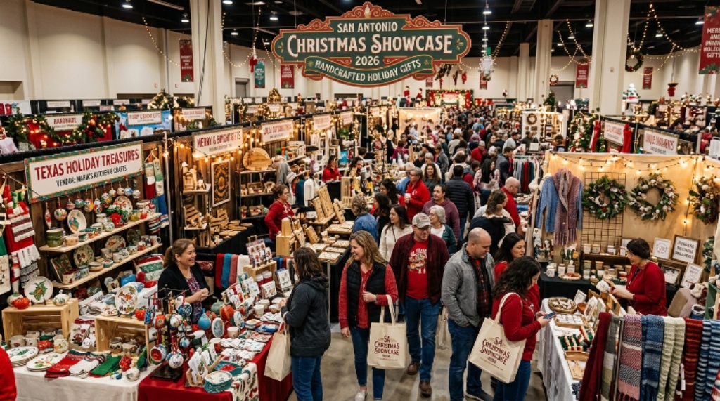 Festive vendor booths filled with handcrafted holiday gifts at the San Antonio Christmas Showcase 2026